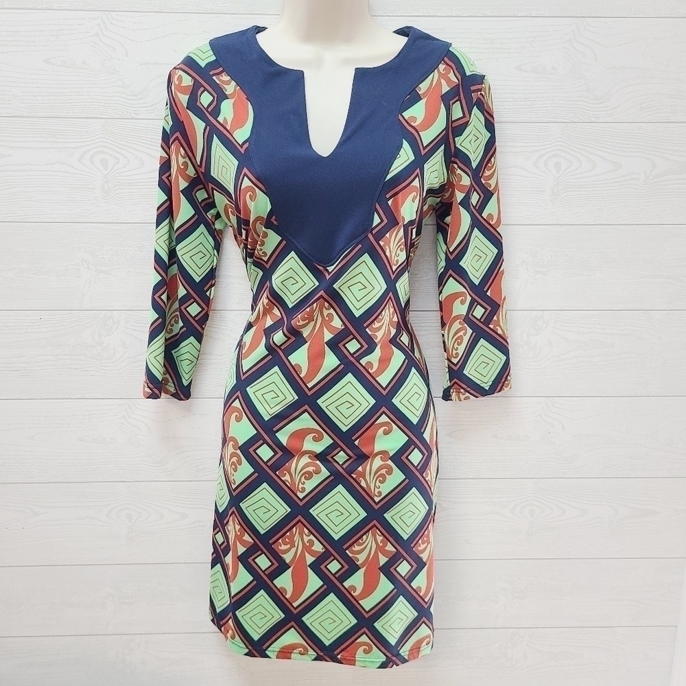 Tracy Negoshian Womens Geometric Print 3/4 Sleeve V-Neck Jersey Dress Size M